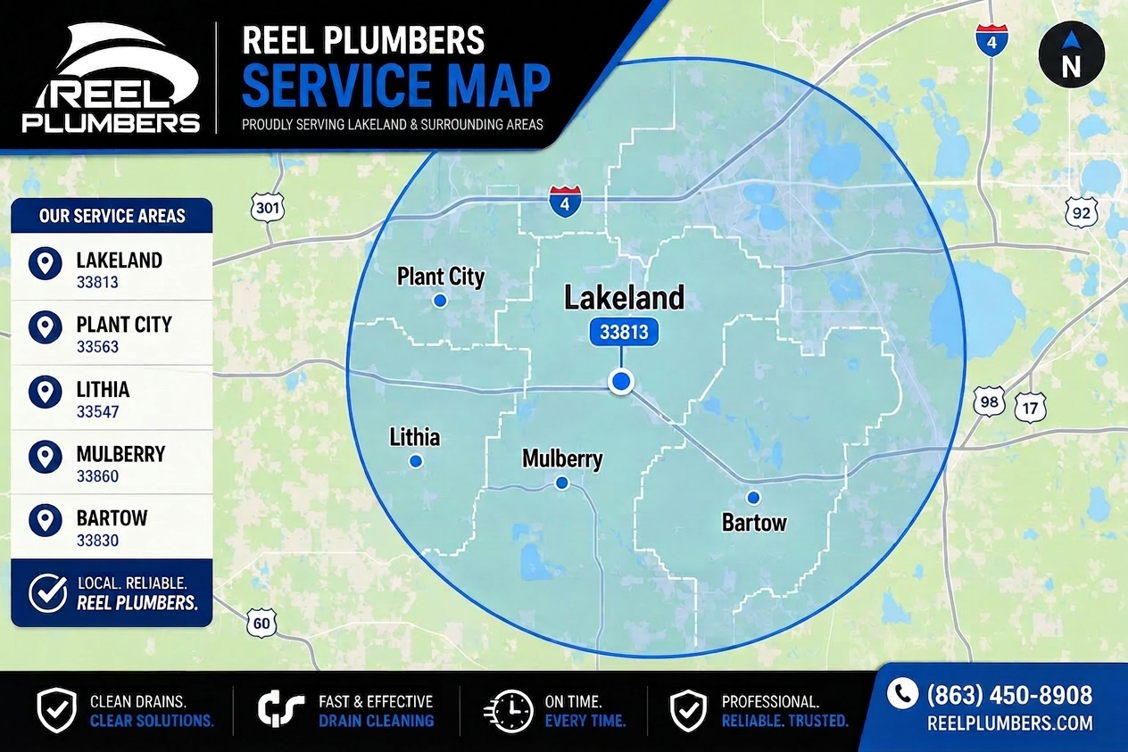 Reel Plumbers service map covering Lakeland, Plant City, Lithia, Mulberry, and Bartow in Polk County, Florida
